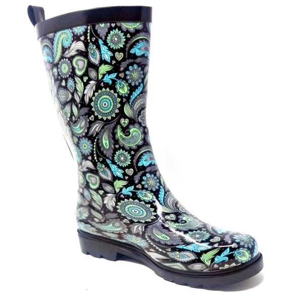 Women 11" Mid-Calf Rubber Rain Boots, Parsley Print Water Boots Wellies - Picture 2 of 5